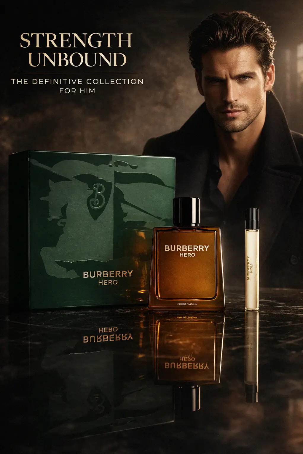 Close up of the Burberry Hero fragrance bottle details