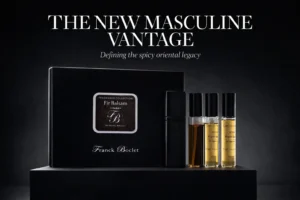 Four sleek glass perfume vials with black caps from the Franck Boclet Fir Balsam gift set.