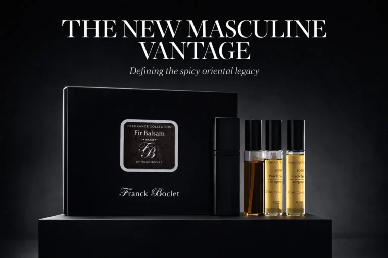 Four sleek glass perfume vials with black caps from the Franck Boclet Fir Balsam gift set.
