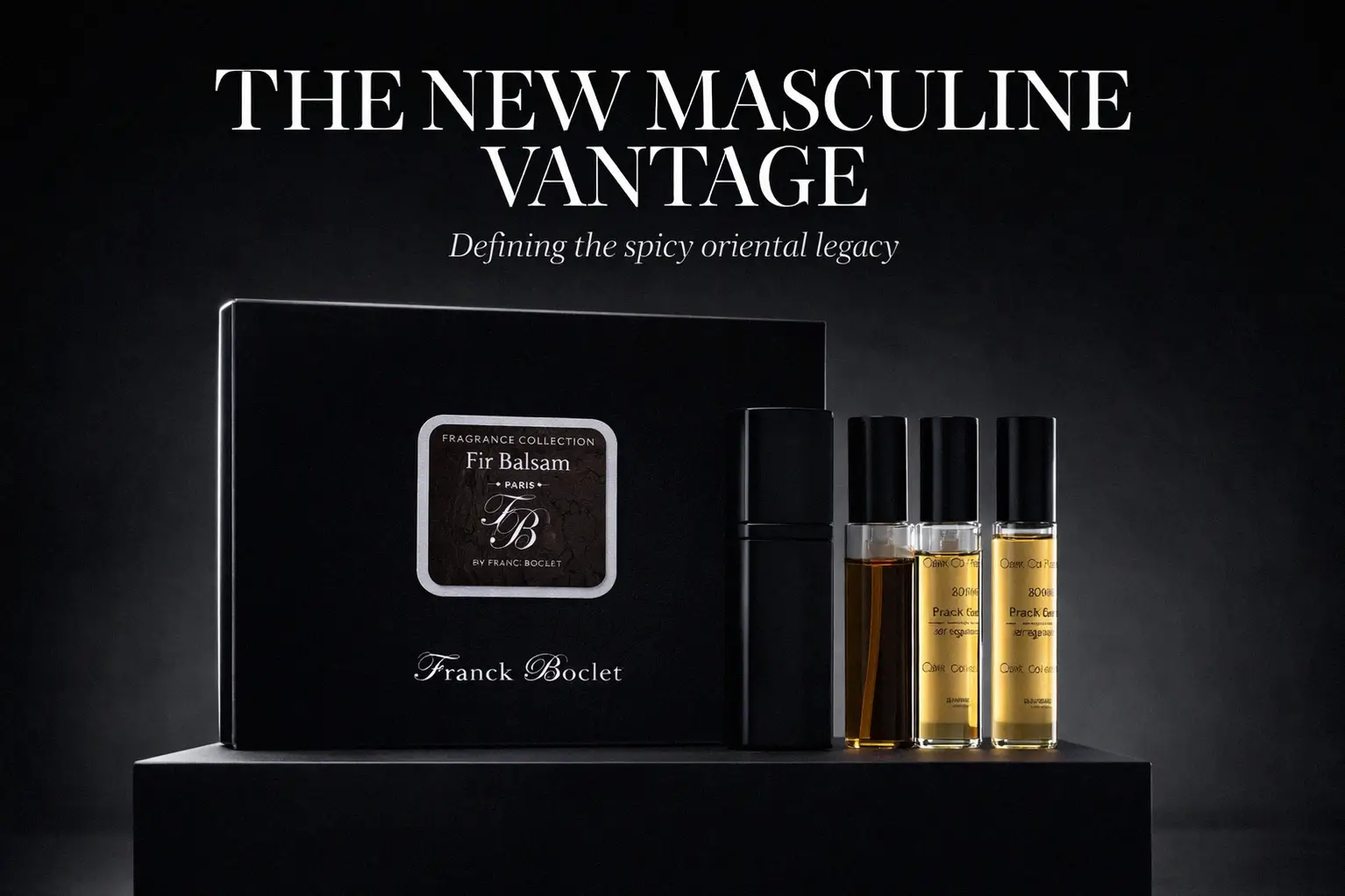Four sleek glass perfume vials with black caps from the Franck Boclet Fir Balsam gift set.