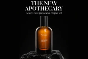 Aesop Marrakech Intense spray bottle in amber glass on a minimalist stone surface with soft lighting.