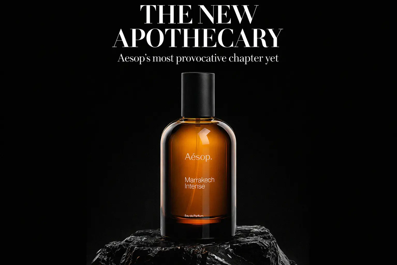 Aesop Marrakech Intense spray bottle in amber glass on a minimalist stone surface with soft lighting.