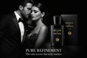 Large 6oz glass bottle of Acqua Di Parma Oud perfume with its signature minimalist yellow and black label.