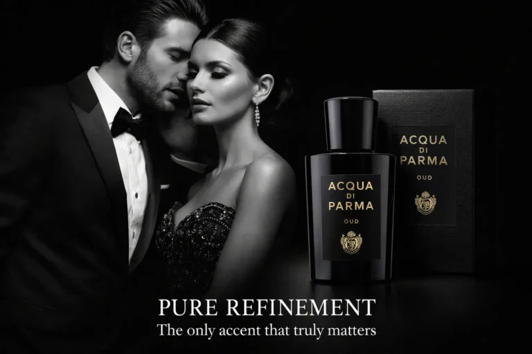 Large 6oz glass bottle of Acqua Di Parma Oud perfume with its signature minimalist yellow and black label.