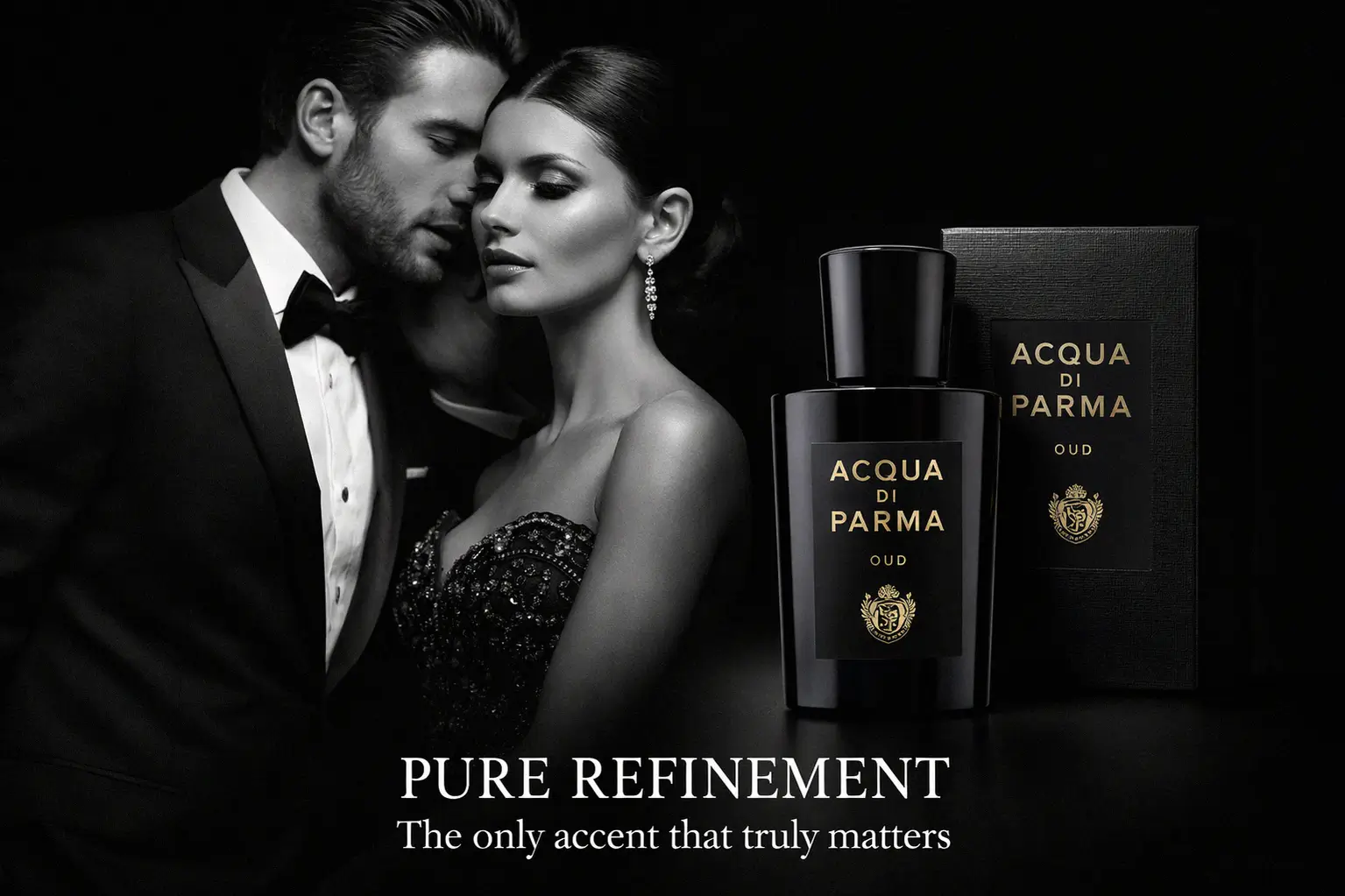 Large 6oz glass bottle of Acqua Di Parma Oud perfume with its signature minimalist yellow and black label.