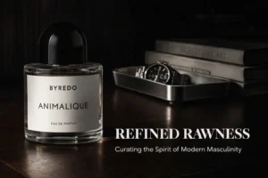 A minimalist glass spray bottle of Byredo Animalique perfume on a clean white surface with soft lighting.