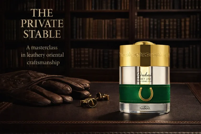 A green wrapped bottle of The Spirit of Dubai Meydan perfume with a gold horseshoe accessory on a clean surface.
