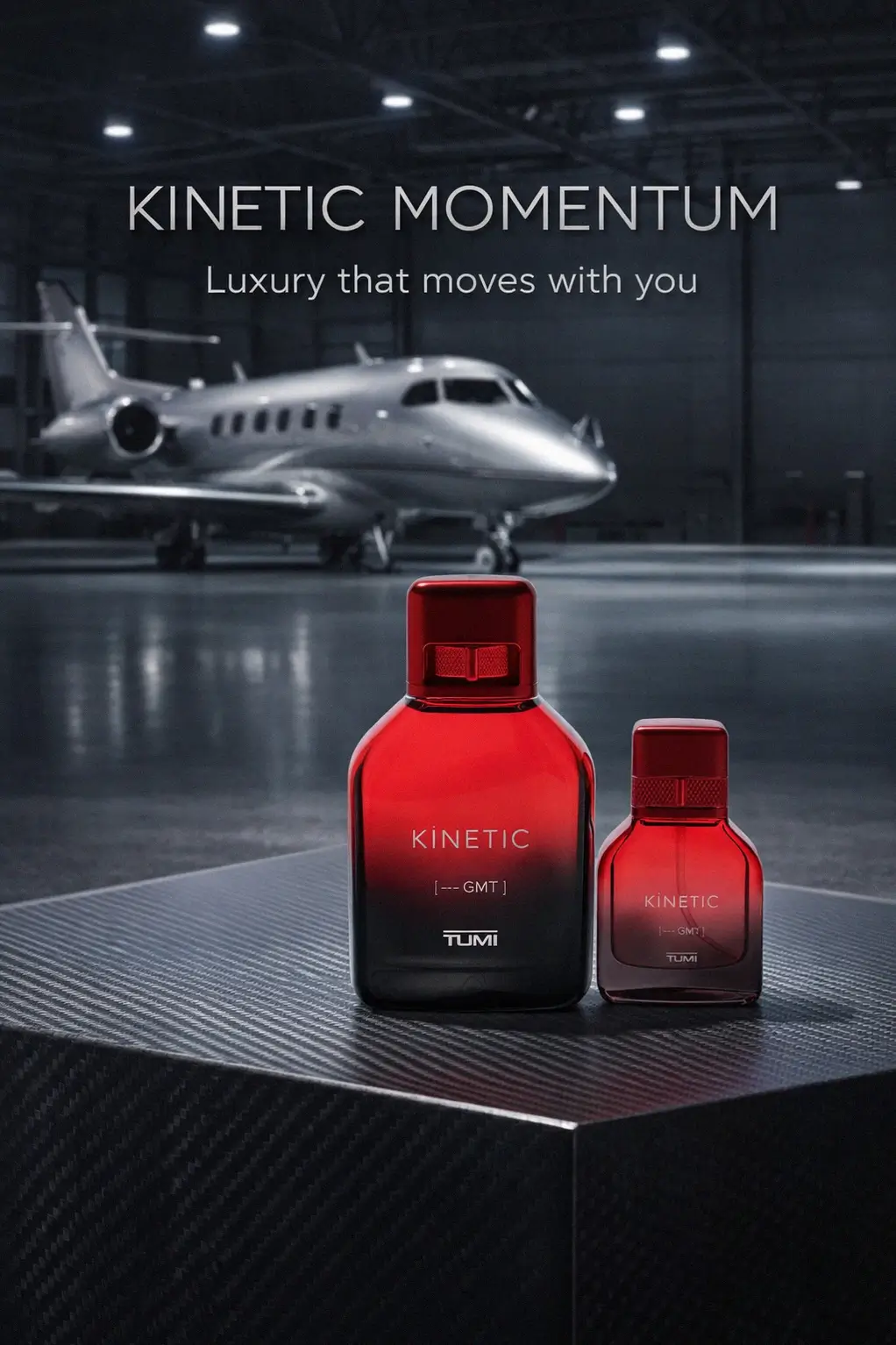 Two bottles of TUMI Kinetic Eau de Parfum in different sizes