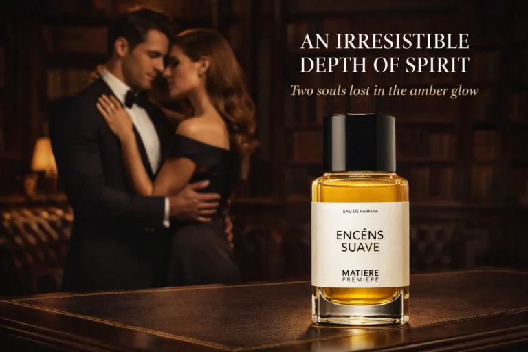 A sleek 3.3oz glass spray bottle of Matiere Premiere Encens Suave fragrance on a minimalist stone surface.