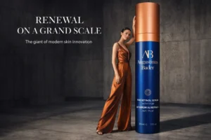 Sleek copper-toned Augustinus Bader Retinol Serum bottle in a minimalist skincare vanity setting.