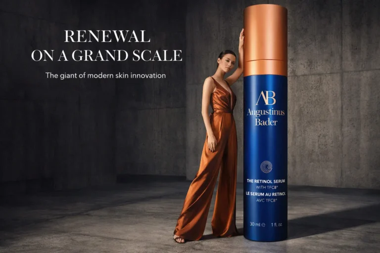 Sleek copper-toned Augustinus Bader Retinol Serum bottle in a minimalist skincare vanity setting.