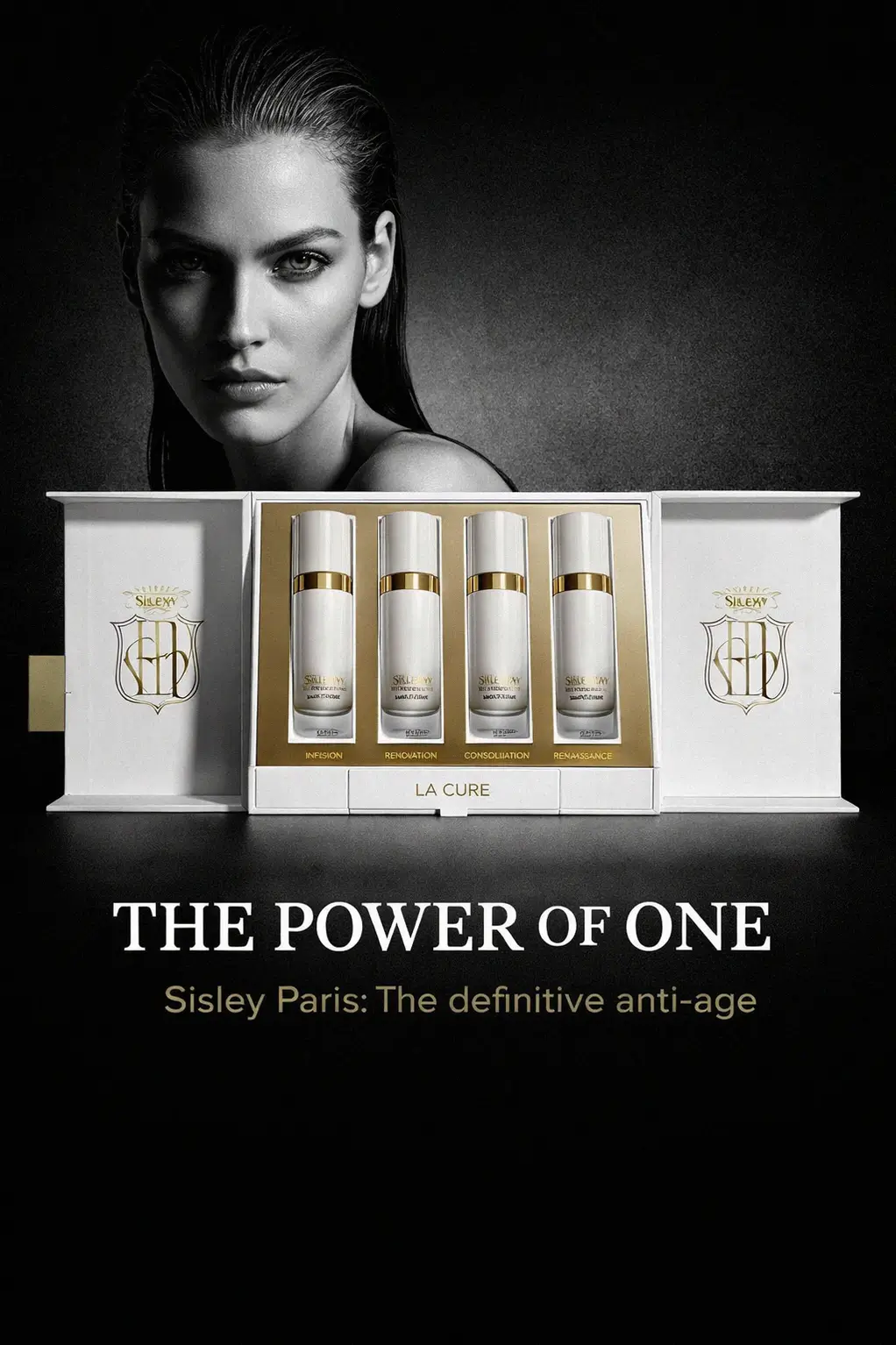 Luxury anti aging skincare bottles on a marble vanity