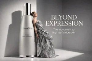Silver and white bottle of Natura Bisse Inhibit High Definition Serum on a polished vanity surface.