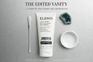 Silver jar of Elemis Ultra Smart Pro-Collagen Day Cream on a clean white vanity surface.