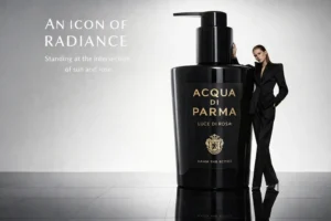 A 300ml Acqua Di Parma Luce Di Rosa dispenser bottle with a black matte label and elegant gold logo.