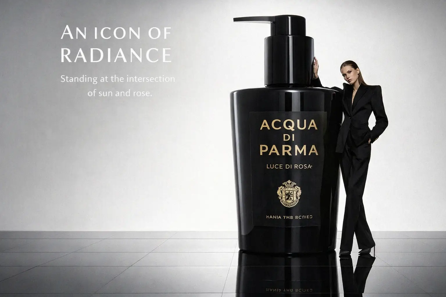A 300ml Acqua Di Parma Luce Di Rosa dispenser bottle with a black matte label and elegant gold logo.