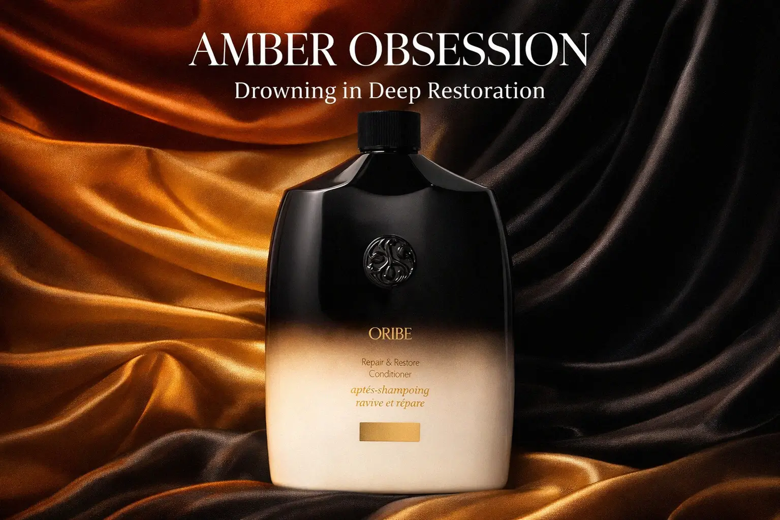 Large 33.8 oz bottle of Oribe Gold Lust Repair and Restore Conditioner on a white marble vanity.