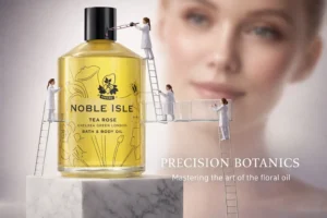 A 250 ml recyclable bottle of Noble Isle Tea Rose Bath & Body Oil on a polished bathroom shelf.