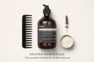 A large 500ml jar of Aesop Rose Hair and Scalp Moisturising Masque on a clean bathroom shelf.