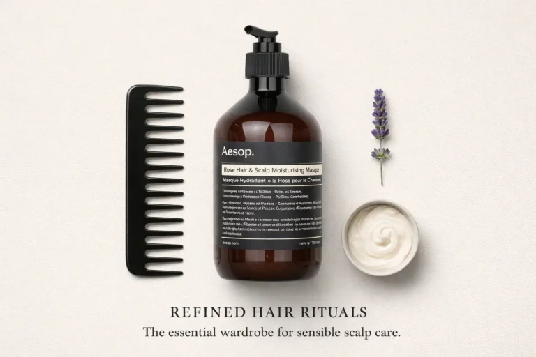 A large 500ml jar of Aesop Rose Hair and Scalp Moisturising Masque on a clean bathroom shelf.