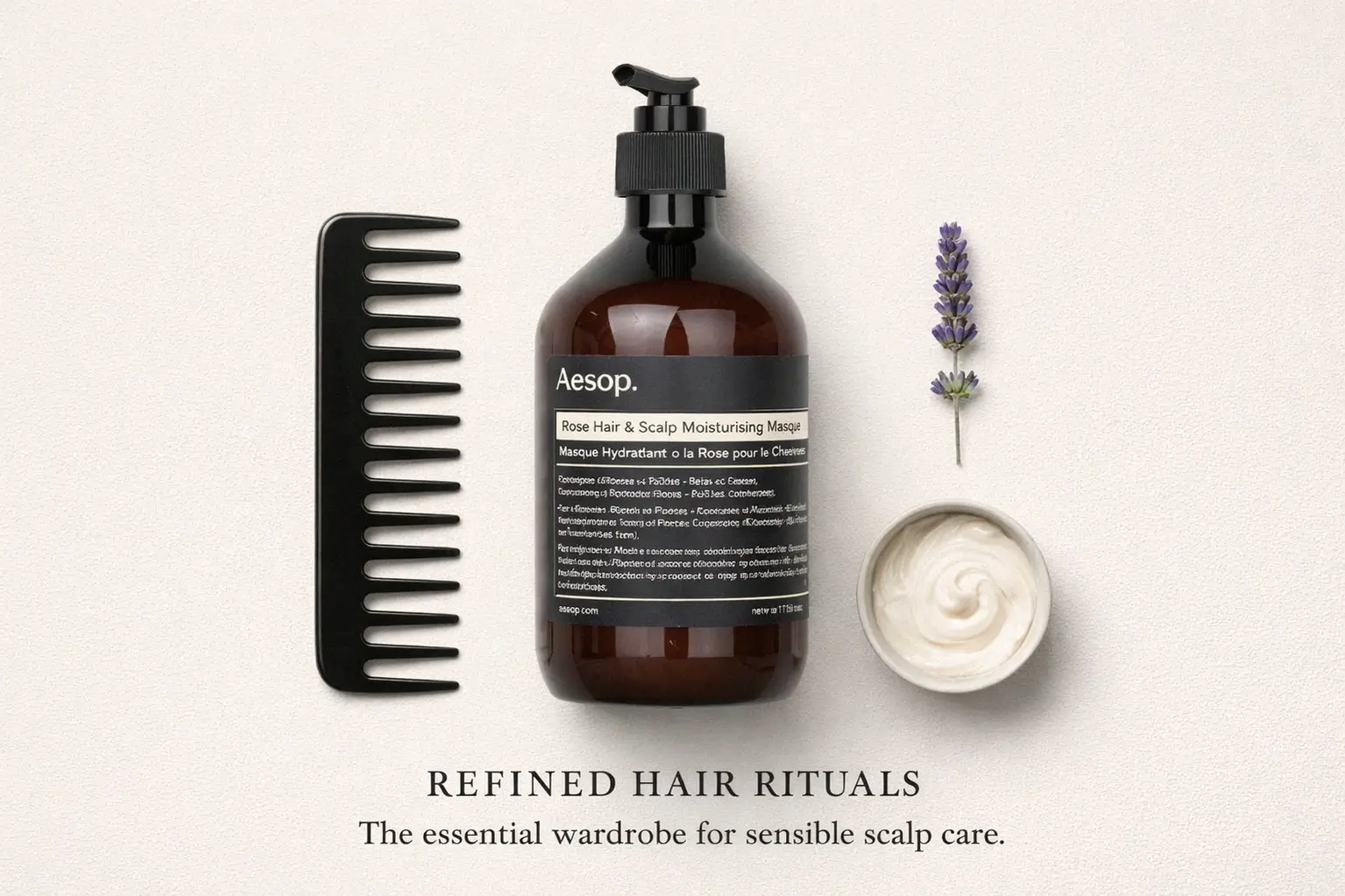 A large 500ml jar of Aesop Rose Hair and Scalp Moisturising Masque on a clean bathroom shelf.