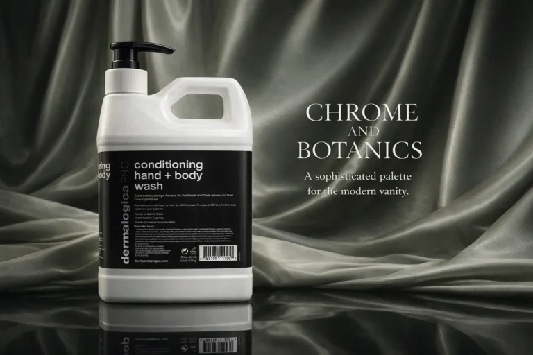 A 10 oz pump bottle of Dermalogica Conditioning Hand + Body Wash on a clean marble bathroom counter.