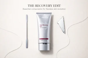 A sleek tube of SkinMedica Scar Recovery Gel placed on a clean white marble bathroom vanity with soft lighting.