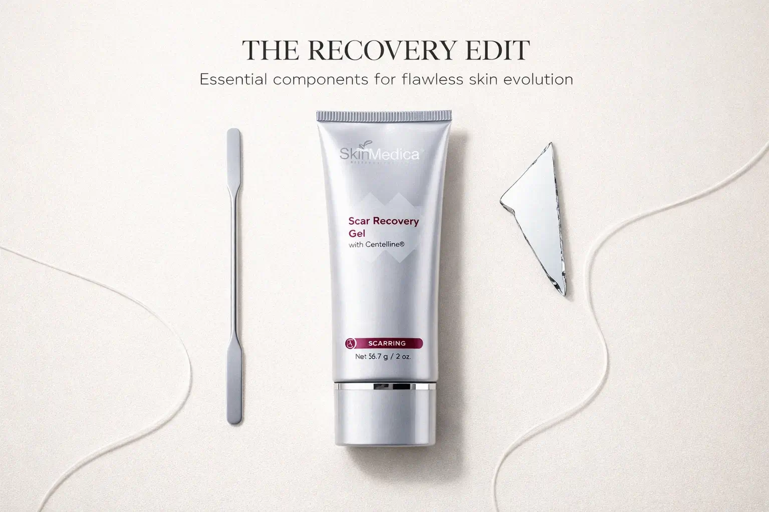 A sleek tube of SkinMedica Scar Recovery Gel placed on a clean white marble bathroom vanity with soft lighting.