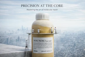 Jar of Davines Nounou Hair Mask on a marble bathroom counter, showing the premium Italian packaging.