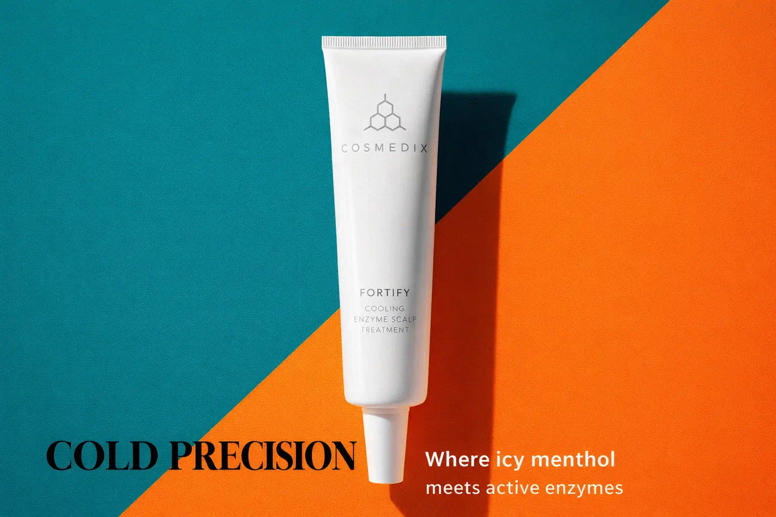 COSMEDIX Fortify Cooling Enzyme Scalp Treatment bottle with applicator tip on a clean white surface.