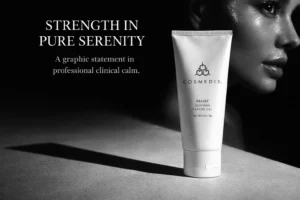 Clear bottle of COSMEDIX Elite Relief Soothing Peptide Gel on a white marble vanity shelf.