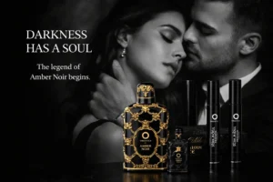 A luxury 4-piece Orientica Amber Noir gift set with a large glass bottle and three sleek travel-size sprayers.