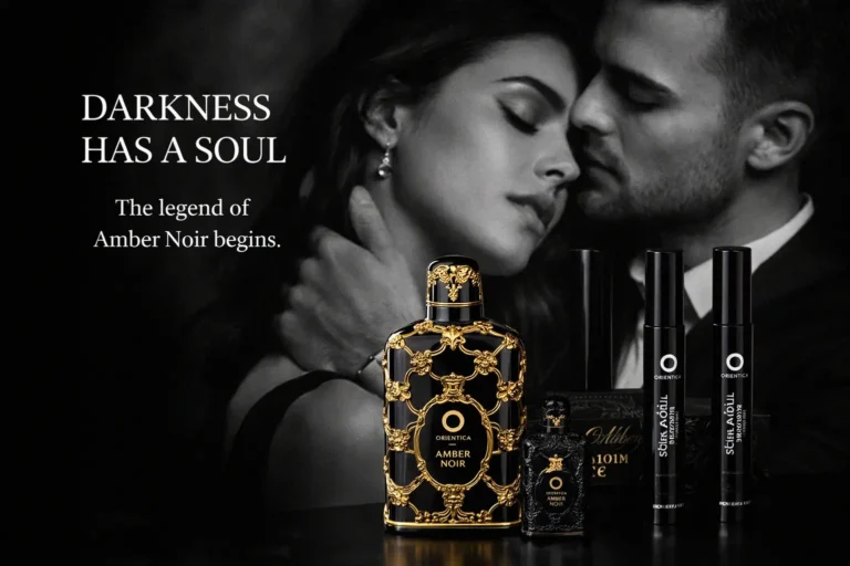 A luxury 4-piece Orientica Amber Noir gift set with a large glass bottle and three sleek travel-size sprayers.