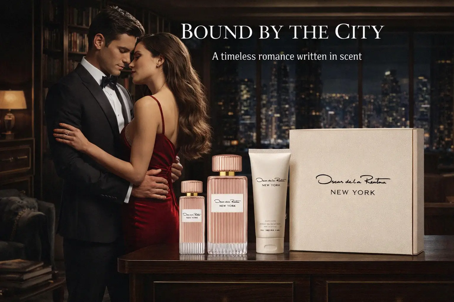 Three-piece Oscar de la Renta New York gift set with a large perfume bottle, travel spray, and body lotion.
