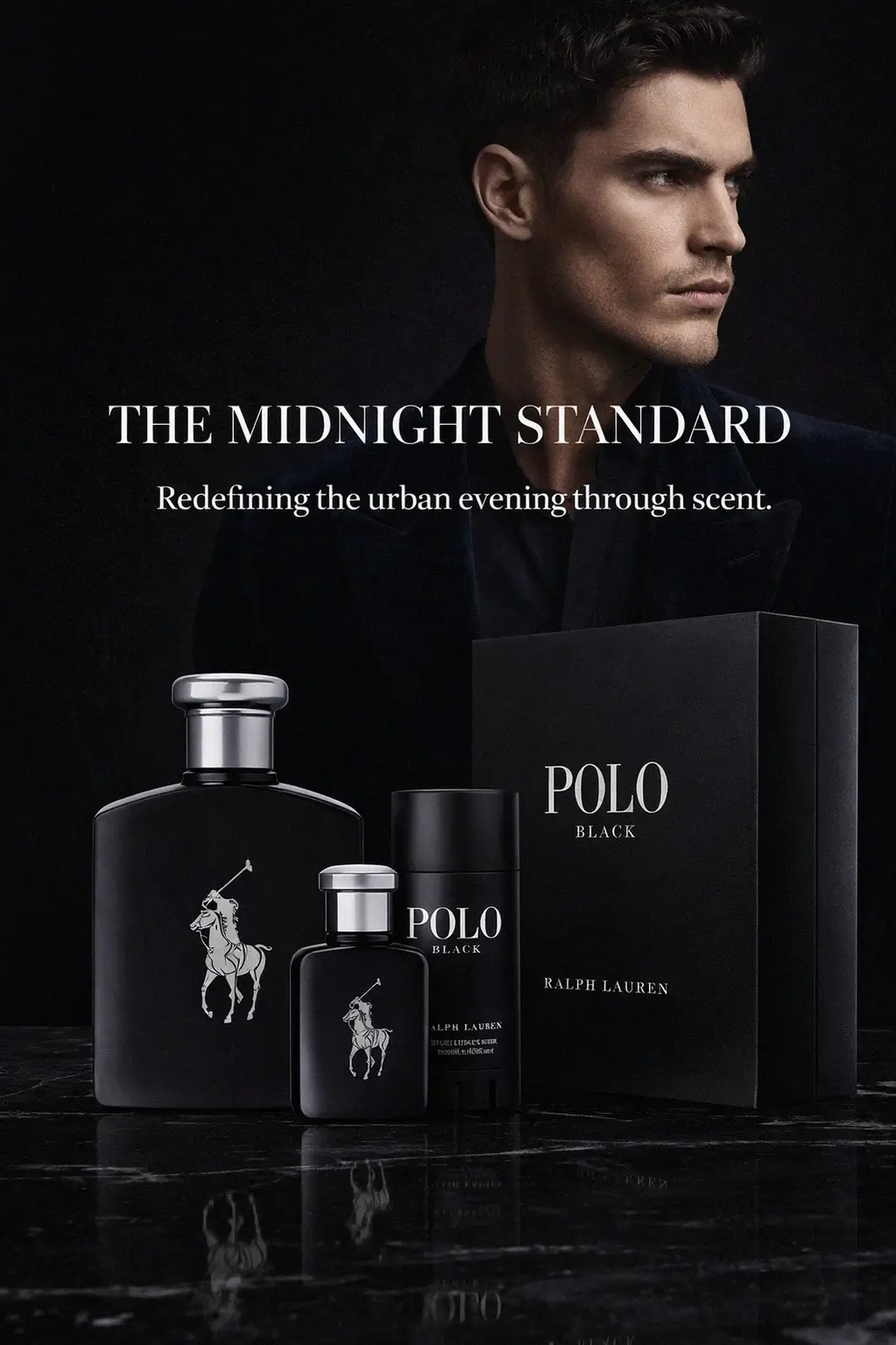 Close up of the sleek black flask with silver polo pony logo