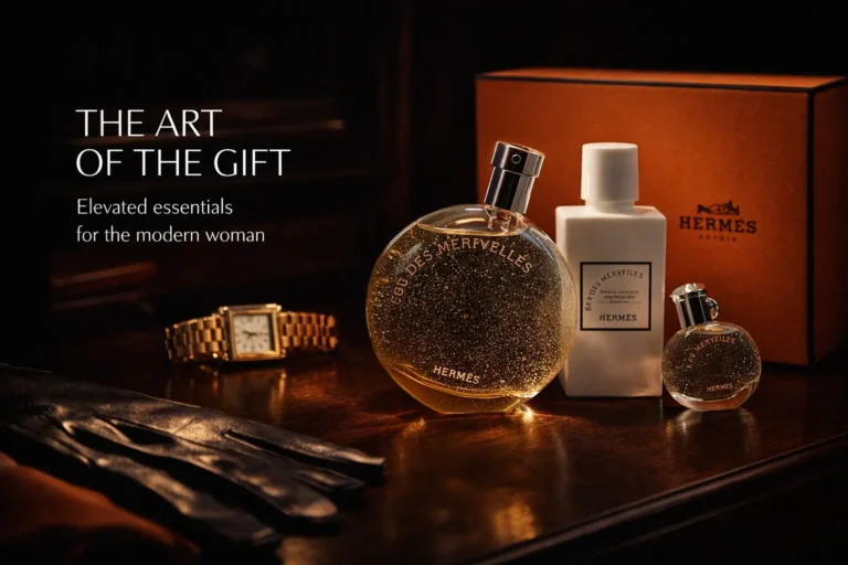 Hermès Eau Des Merveilles gift set featuring the signature orange box and star-spangled bottle.