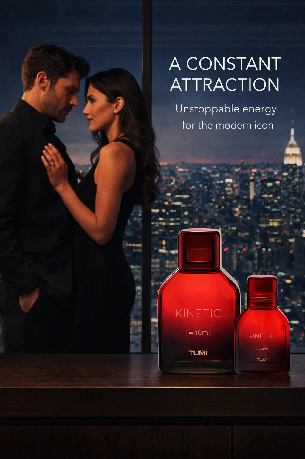 TUMI Kinetic fragrance bottle showing the custom-locking spray mechanism