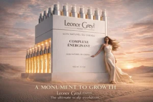 Glass vials of Leonor Greyl Paris Complexe Energisant on a white marble surface in soft lighting.