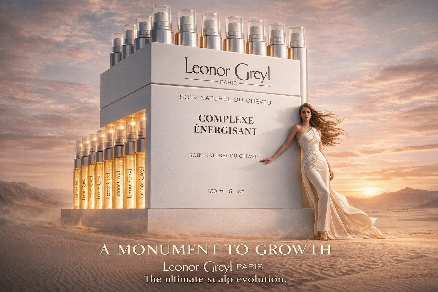 Glass vials of Leonor Greyl Paris Complexe Energisant on a white marble surface in soft lighting.