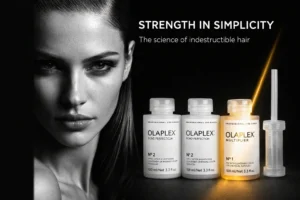 Three Olaplex bottles including No. 1 Bond Multiplier and No. 2 Bond Perfector in a professional kit.