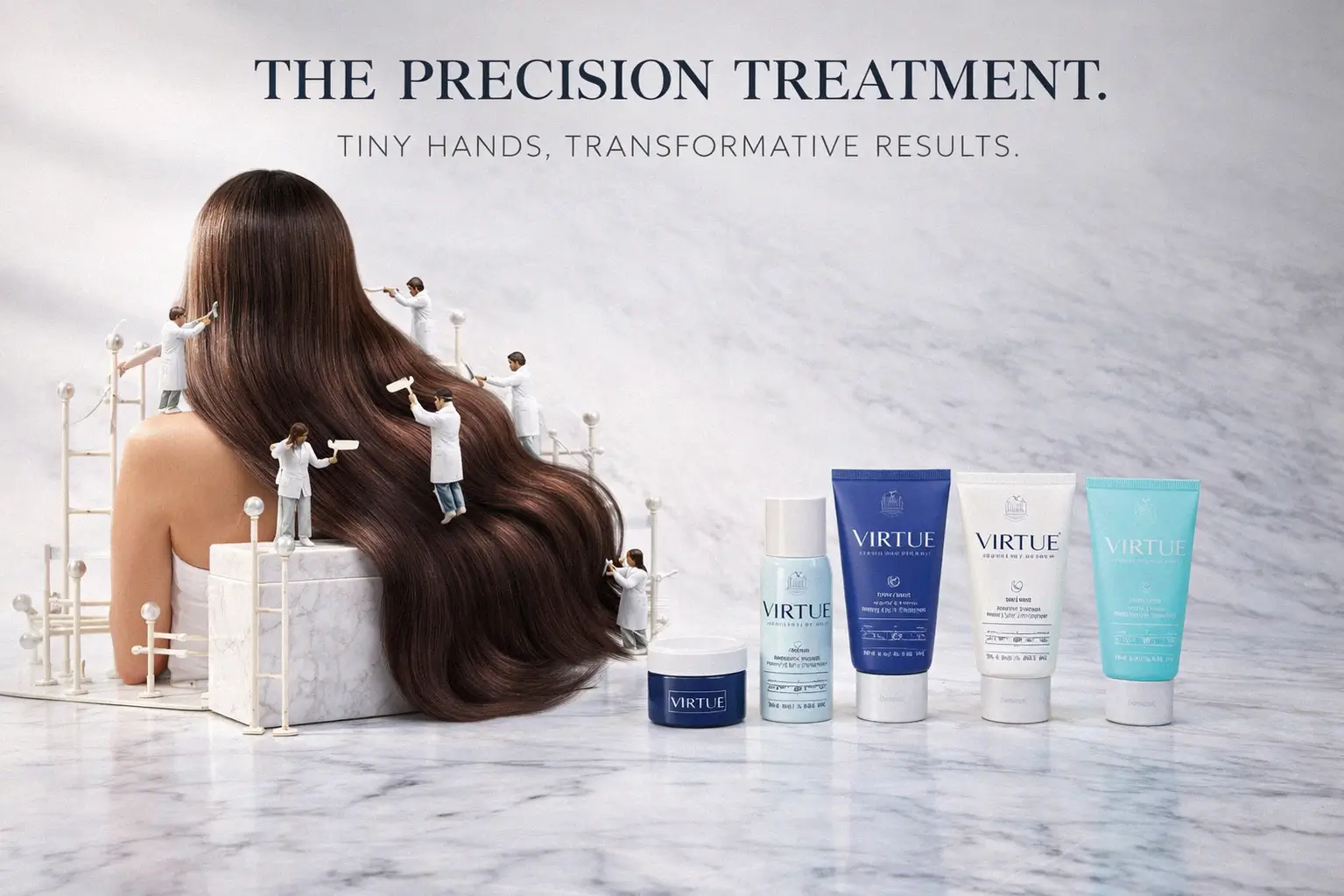 Five travel-sized Virtue hair care products arranged on a white surface, showcasing the light blue packaging.