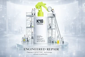 Clear bottle of K18 Professional Molecular Repair Hair Mist standing on a minimalist white vanity shelf.