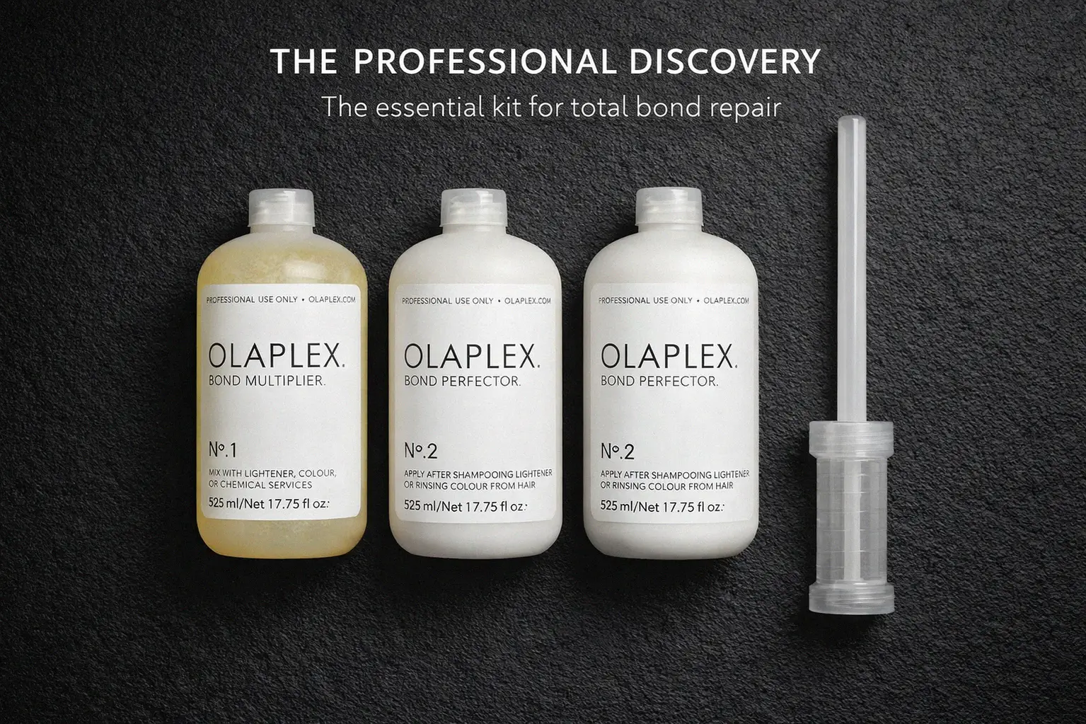 Three large professional Olaplex bottles with a dosing dispenser on a clean white salon-style background.