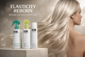 Three white K18 professional haircare bottles arranged neatly on a clean surface in a 3-piece kit.