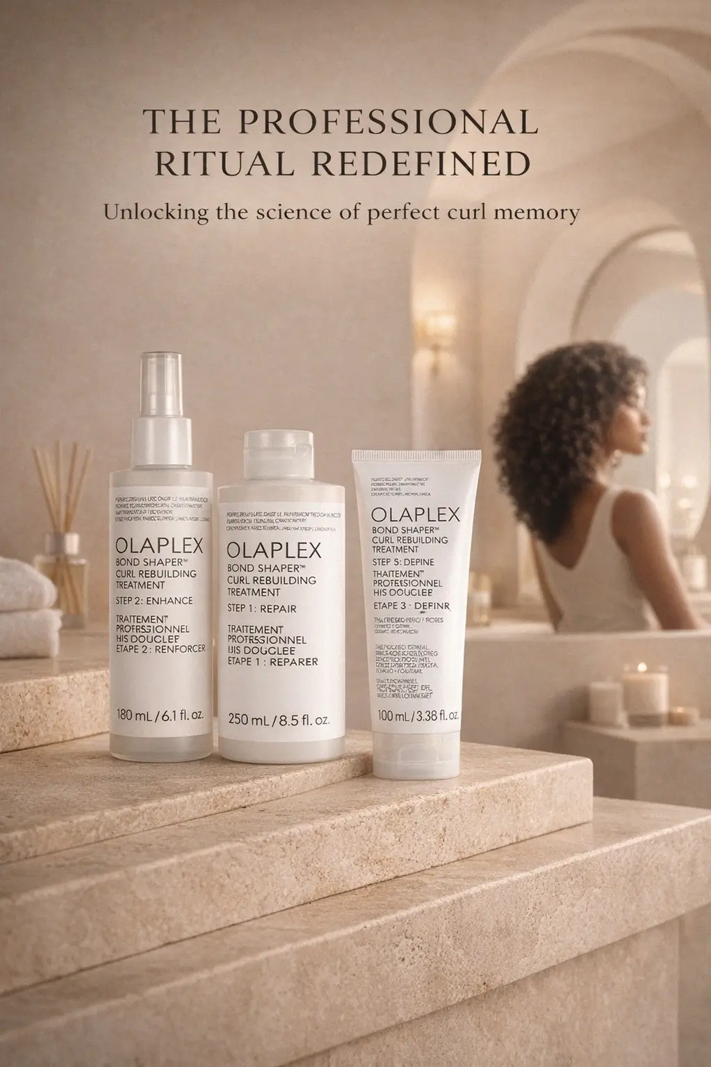Olaplex Bond Shaper kit on a marble vanity