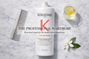 A large bottle of Kerastase Premiere Concentre Decalcifiant Ultra-Reparateur on a marble vanity.