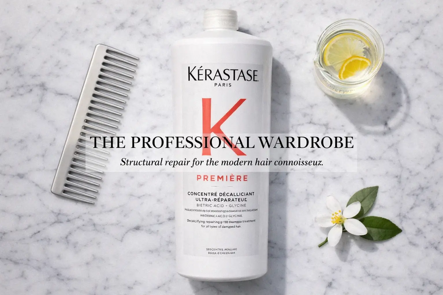 A large bottle of Kerastase Premiere Concentre Decalcifiant Ultra-Reparateur on a marble vanity.