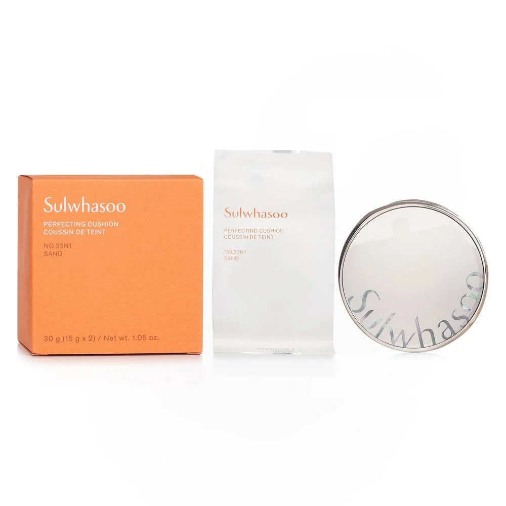 A sleek Sulwhasoo Perfecting Cushion SPF 50 compact for refined makeup