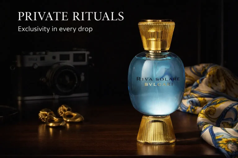 An azure blue and gold glass perfume bottle of Bvlgari Allegra Riva Solare against a bright background.