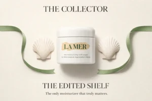 A large jar of La Mer The Moisturizing Soft Cream on a clean vanity with a soft texture visible.